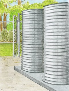 With serious water restrictions in drought-stricken Australia, Ferguson needed these tanks so that the new bush garden surrounding her house would flourish. Filled with rainwater draining off the roof and snugly set into the south side of the house, her two 1,300-gallon Bluescope tanks also service the toilets and outdoor shower.