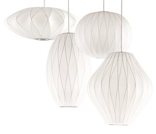 George Nelson Criss Cross Bubble Lamps: Criss Cross Saucer, Criss Cross Cigar, Criss Cross Ball, and Criss Cross Pear.