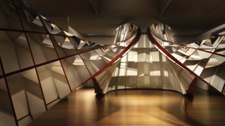 Rendering of the Ron Arad: No Discipline exhibition, featuring Cage sans Frontières (Cage without Borders)<br><br>Photo courtesy of <br><br>Ron Arad Associates and the Museum of Modern Art