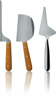 La Via Lattea, by Anna and Gian Franco Gasparini for Officina Alessi.<br><br>Cutting the cheese is quite an art, as the texture and technique changes as you move from the edge to the center of the block. This set of soft cheese knives comes with an manual that will help you do it right for optimum results.