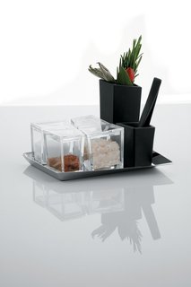 Cum Grano Salis salt set, by Giovanni Alessi Anghini, Fabio Fassone, and Lorenzo Piccione di Pianogrillo for Alessi.<br><br>A modern salt cellar that makes room for four varieties of the ancient spice, along with a mortar and pestle for mixing.