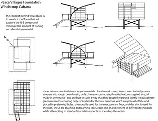 Drawings of the Windcatcher demonstrate the criss-crossing roofline and the alignment of the main shelter components.