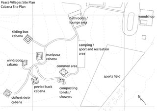 A site plan for the Peace Villages shows the placement of the cabanas and various other amenities and community areas.