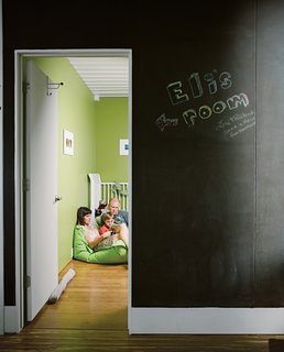 The Shipping Muse - Photo 8 of 23 - The wall outside Eli's room is covered with chalkboard paint, adding another method by which to leave messages around the magnetic house. The room measures in at just under 7.5 by 14 feet. "It was extremely necessary at some point to confront the constraints of the containers," Robertson says.
