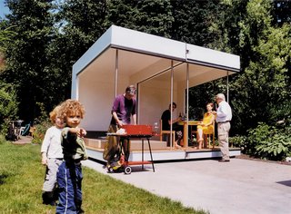 Two of the units can be opened up by removing their semi-transparent plastic windows to form a U-shaped covered lounging area.