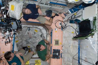 Members of the Space Shuttle Endeavour and ISS crews spend some rare leisure time together on the orbital outpost as they move within a day and half of undocking and going separate ways. Astronaut Sandra Magnus, flight engineer for Expedition 18, is partially visible at lower left corner. Others sharing a few moments in the Unity node, from the left, are cosmonaut Yury Lonchakov, Expedition 18 flight engineer, and astronauts Steve Bowen and Donald Pettit, both STS-126 mission specialists. Photo taken November 26, 2008. Image courtesy of NASA.