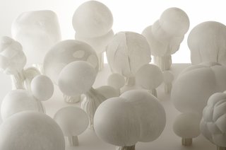 Starting this week, New York’s Museum of Arts and Design will cede control of its second-floor MADProjects Gallery to Nendo, a Tokyo-based studio known for its clever, subversive updates to traditional design concepts. "Blown-Color" is an assembly of one-of-a-kind lamps made from Smash, a special polyester fabric that can be manipulated into different forms when heated and that retains its shape when cooled. The group created a series of lights in the style of vernacular Japanese chochin paper lanterns, but, rather than the traditional bamboo frame, the properties of Smash allowed Nendo to shape it like blown glass in one seamless piece. Image courtesy Masayuki Hayashi.