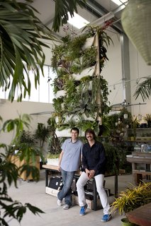 Brothers and Woolly Pocket co-founders Rodney and Miguel Nelson pose in front of their Woolly Wall Pockets on display at Flora Grubb Gardens in San Francisco.<br><br>Photo by <br><br>Lance Shows