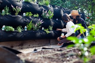 Gardener Christy Wilhelmi helps a student plant her Woolly Pocket at one of the edible schoolyards created by Woolly Pocket and School Nutrition Plus.<br><br>Photo by <br><br>Suthi Picotte
