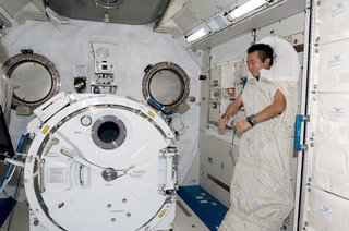 The ground-control crew sets all the schedules, including when to eat and sleep, since the day’s 16 sunsets quickly become disorienting. In the ISS’s Kibo laboratory, Koichi Wakata sleeps while secured to the wall in a sleeping bag. Image courtesy of NASA.