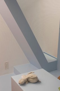 Overlapping volumes provide visual interest and make the space seem dynamic, as can be seen in this view of the steps, base, sliding door, and desk. Julo, Eva's flying guardian angel dog sits on the desk.
