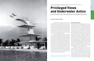 This spread, designed by Giampiero Caiti, shows the high dive at the McFadden Dauville Hotel on Miami Beach. Rocco Ceo and Allan T Shulman's essay discusses the intersection of modern design and the thriving aquatic culture of America's favorite beach town.