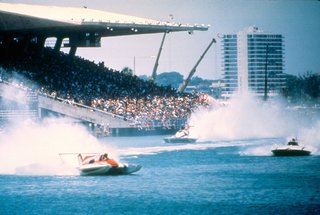 Boat racing at Miami Marine Stadium, designed by Hilario Candella, was a popular spectator sport. Today the stadium is an imperiled modern masterpiece.