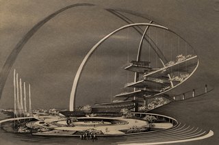 This rendering of the Center for the Americas (Interama) by Spillis, Candella, DMJM shows a building and world's fair that was meant to unite the Americas.