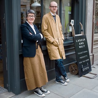 Rachel Wythe-Moran and Simon Watkins filed papers to launch Labour and Wait in 2000 and were selling goods the next year. The store name is derived from a poem by Longfellow. "We liked the idea of two words; it sounds like two people’s names," Watkins says. "Plus, the shop’s about doing work and waiting for the results."