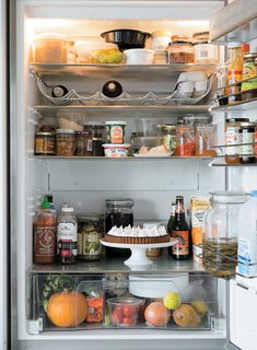 Among other things, the couple’s refrigerator contains garlic scapes, Meyer lemon preserves, Araucana chicken eggs from Chelsea’s grandfather’s farm, juneberry jam, fresh El Popo tortillas, a ginger beer starter, pickled sour cherries (used in the salad), Tortuga hot sauce, Sriracha, homemade chili relish, and a kombucha mushroom.
