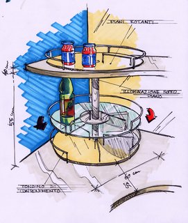 This drawing by Lucci Orlandini Design shows the countertop shelves, made of glass with built-in retainers so that items can be seen from underneath but don't fall off the edges.