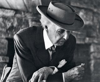 Frank Lloyd Wright at the Reisley House in Usonia, a cooperative housing development in Pleasantville, New York, 1952.