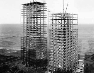 The Lake Shore Drive apartments, in the process of being built, circa 1950. Image courtesy Chicago History Museum.