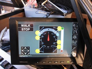 Created with the use of Processing, this is the touchscreen interface with which you can independently control the position of each leg. As you can see, you can tell it which direction you want it to walk, and how much to turn left or right (with three legs on the ground at all times for stability, moving at a maximum speed of 60 meters per hour).