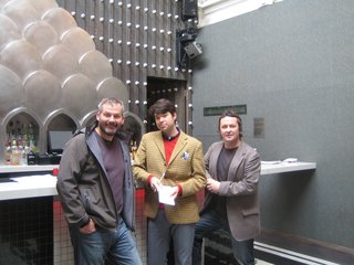 Scotland: Day 4 - Photo 7 of 11 - That's Ross Hunter on the left, me in the center, and Jim Hamilton on the right in front of the bar and club Hummingbird they designed.