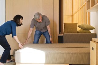 Coast Docs - Photo 10 of 13 - Each sofa consists of two foam mattresses upholstered by Diamond Foam & Fabric. The mattresses can be stacked in their maple plywood frame during the day and laid out side-by-side to form a queen-size bed in the evening.
