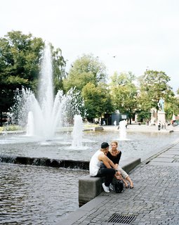 The pool and fountains of Eidsvoll Square, a greensward that runs parallel to Oslo’s grand boulevard Karl Johans gate.