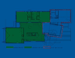 The Barn and the Lantern - Photo 9 of 9 - The floor plan reveals the existing house, in green, and the addition, bordered in red. The angle of the lantern "was a pretty intentional shift on our part," says Misra. "First we had it parallel to the barn on plan, but we tweaked it a little and gave it an angle, because when standing on the patio and looking out to the pool, the sightline is best this way. In a parallel format, the patio and pool felt a little close, and this way we were able to maximize the spacious feeling by playing with the angles slightly." Image courtesy Chinmaya + Apurva: Collaborative
