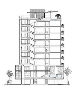 The side elevation of the building shows the seven 2,500-square-foot apartments, including the owner's two-level penthouse apartment, stacked above the common area downstairs. Image courtesy Khanna Schultz.