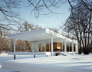 Here's the cover image in all its glory. Van der Rohe's Farnsworth House is the essential glass house (sorry Philip J) and looks pretty spectacular in the snow. One wonders if those windows are double-paned though. Photo by Jason Schmidt.