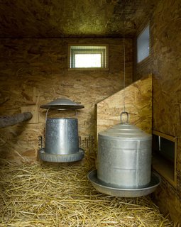 Inside, the coop is lined with oriented strand board (OSB) and fitted with cans of food and water. Though Snyder designed a large door so he and Martin can access the inside of the coop to clean it, he forgot that to get to the door, they'd have to crawl through the chickens' run. "That's the one think I would have changed," he says. "We're both pretty short but we still have to crouch down to get through."