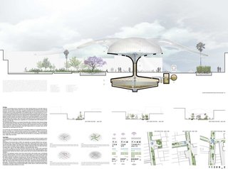 The clear water is distributed and released into the streets through a process of evaporation and condensation triggering a transformation into a network of lush, cultivated landscapes.