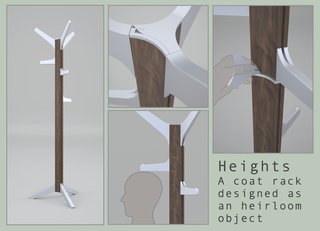 Heights, a coat rack used to record the heights of a growing family, is by Jordan Morrell, a student in the Masters of Design in Designed Objects at the School of the Art Institure of Chicago.