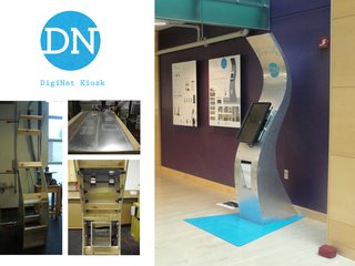DigiNet Kiosk, of wood construction and clad in aluminum, by Penn State University students Will Bunk, Architecture, John Gonzalez, Architecture, and Kayvon Mirdamadi, Mechanical Engineering.