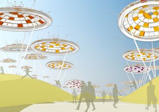 Just as if they were living, breathing structures, the "Desert Blooms" in this proposal are flora-inspired, gas-filled balloons (acting as solar concentrator devices) that follow the path of the sun during the day and lay down to rest at night; Visitors would see different alignments of the colorful floating structures depending on the time of day and season. With a total of 51 balloons covering the Desert Blooms site, the design would generate enough energy to power roughly 15,000 homes.<br><br>Design by: Jude D’Souza, Suprio Bhattacharjee, Vittal Sridharan, and Kush Patel (ETT Architects)