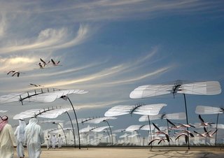 For those in need of some cooling shade from the desert’s beating sun, "FERN" (Future/Energy/Renewable/Nature) provides cover as well as gentle lighting for visitors and existing wildlife. Hovering overhead like giant dragonflies, the FERN structures would collect energy through semi-transparent and flexible solar cell panels, and like Desert Blooms, would change position based on the sun’s movement. At night, when there’s no need for casting shadows below, the structures would position themselves upright, illuminating the sky.<br><br>Design by: Takuya Onishi