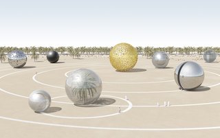 A number of designs paid especially close attention to the ecological as well as cultural context of the United Arab Emirates-based installations. "Solar ECO System," for example, represents the exact planetary alignment of the solar system on December 2, 1971, the day that the UAE was founded. A different combination of photovoltaic panels would be used to construct each individual planet, which could also be used as pavilions for hosting public activities and events.<br><br>Design by: Antonio Maccà and Flavio Masi