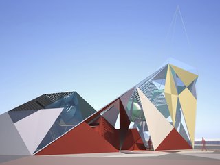 One of the more sculptural submissions, "Tetras" is a design inspired by traditional Middle-Eastern tile art. An open-air pavilion and multi-use outdoor plaza would be constructed out of colorful, tetrahedral building blocks, which would harness energy through a combination of transparent, translucent, and opaque solar cells.<br><br>Design by: Ann Preston and Roger White