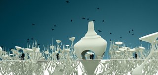 Designed for a site next to the existing Ras al Khor Wildlife Sanctuary in Dubai, "Hybrid Ecology" blends natural and artificial ecological environments. A boardwalk would lead visitors through sea water greenhouses and large plant-like formations that eventually integrate with the real flora nearby. Rather than generate new energy, however, this design is intended to deter exessive energy consumption, proving that small-scale techniques can be used by individuals to create their own energy needs. <br><br>Design by: Andrew Snow, Ryan Nelson, Houtan Pour-Tavakoli