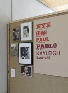 Family Home Renovation in Brooklyn - Photo 18 of 28 - Family pictures and a letterpress poster by Lange's mother, designer Martha Scotford, adorn a textile covered panel.