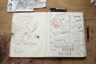 Hale's sketchbook shows working furniture ideas.