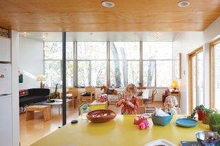 Hale's material preferences helped keep costs low: Inexpensive plywood lines the ceiling and cork covers the floors. He covered the kitchen island with yellow plastic laminate.