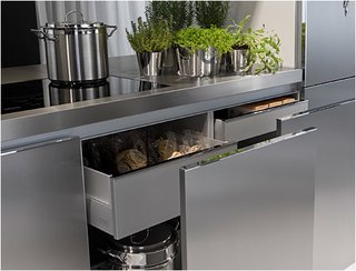 This detail of the Duality Kitchen shows the built-in storage, rendering additional kitchen furniture and shelves unnecessary.
