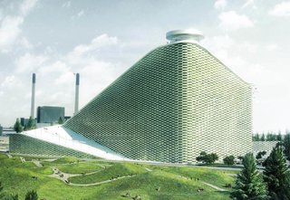 Copenhagen's future waste-to-energy plant features the a ski slope and a smokestack that will blow "rings" of CO2, which each represent one ton of emissions. Combining a environmentally sustainable building with a social program—the ski slope—represents Ingels' theories of "hedonistic sustainability" and "bigamy." Photo via B.I.G.