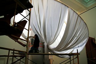 "It’s kind of a high-tech fabric," Lukyanov says of the material that ultimately establishes the columns’ exaggerated silhouette. The durable acrylic-based fabric, donated by Sunbrella, is stain, UV, mold and moisture resistant.