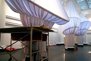 Further, the team had the space in mind beyond the colonnade. "We’re always thinking that this is an environment, a setting for things to take place," says Luknayov. He notes that the installation allows room for performance space as well as sufficient and additional lighting to illuminate other artwork present in the space.