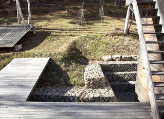 A solar array (on the left-hand side of the photo) powers the lights and outlets (and laptops) during the day.