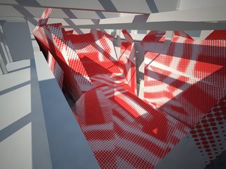Silent Disco at Sci-Arc - Photo 2 of 4 - A rendering of the exhibition showing the graphic pattern on the surfaces of the structure. The pattern is derived from a WWII military technique that used bold graphic and anamorphic surfaces to mislead enemy bombers about the size, speed and direction of a warship.
