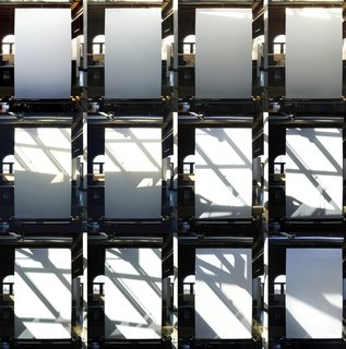 Time-lapse compilation showing how light plays across the white wall below the skylight, creating a sort of light sculpture. Photo by Tim Bies.