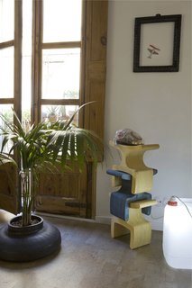 Green Living in Barcelona - Photo 4 of 14 - An old tire finds new life as a planter, while the Enzo Stool by Ryan Frank serves as a telephone stand. The lamp at right was crafted using a discarded plastic container. "We like objects made from few and easily identifiable materials, to ensure that they can either be industrially recycled or returned to the earth at the end of their lives," says Scholtus.
